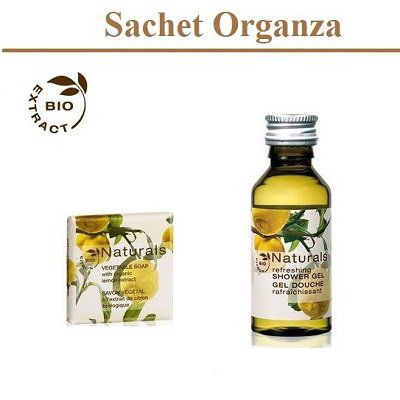 Lot savon 15g et gel douche 30ml Naturals aux extrait de citron BIO dans un sachet en organza écru