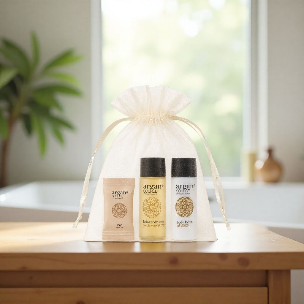 Argan savon 15g + gel douche 30ml + lait 30ml - Sac en organza