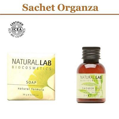 Lot savon 20g et gel douche 30ml Natural Lab BIO enrichis à l'huile de jojoba et huile macadamia dans un sachet en organza écru