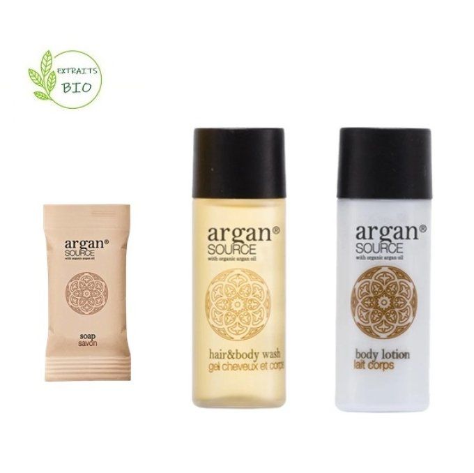 Argan savon 15g + gel douche 30ml + lait 30ml - Sac en organza