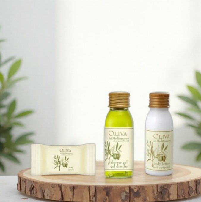 Oliva savon 15g + gel douche 30ml + lait 30ml - Sac en organza