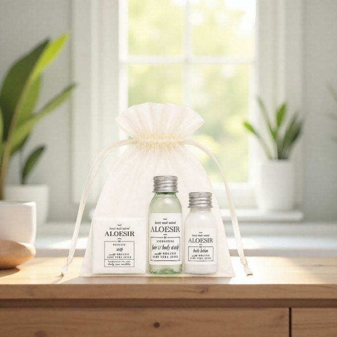 Aloésir savon d'invité 15g + gel douche 2en1 30ml + lait corporel 22ml- Sac organza