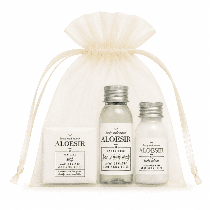 Aloésir savon d'invité 15g + gel douche 2en1 30ml + lait corporel 22ml- Sac organza