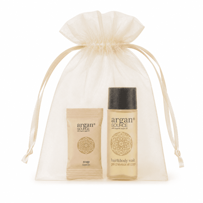 Argan savon d'invité 15g + gel douche 2en1 30ml - Sac en organza