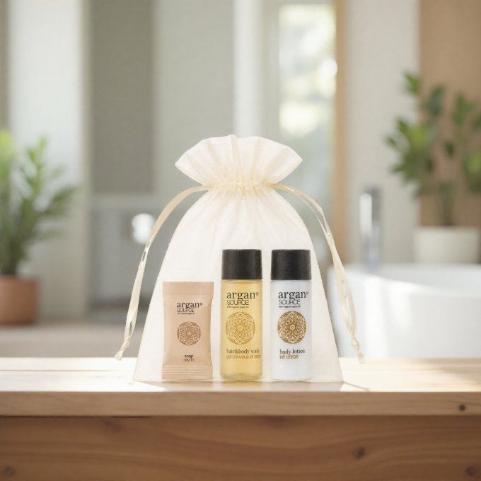 Argan savon 15g + gel douche 30ml + lait 30ml - Sac en organza