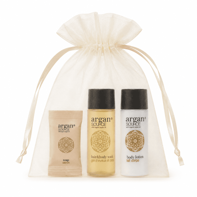 Argan savon 15g + gel douche 30ml + lait 30ml - Sac en organza