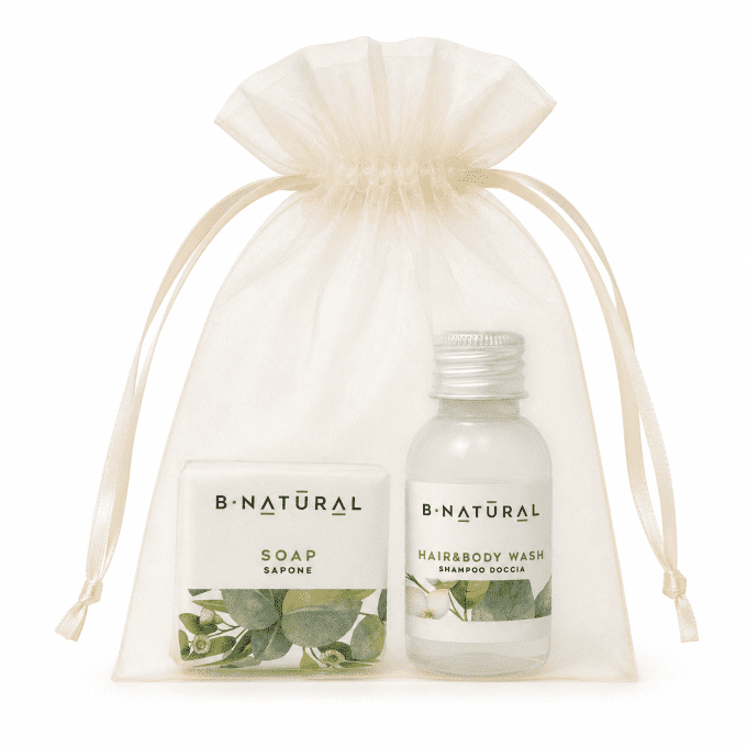 B Natural savon d'invité 20g + gel douche 2en1 30ml - Sac en organza