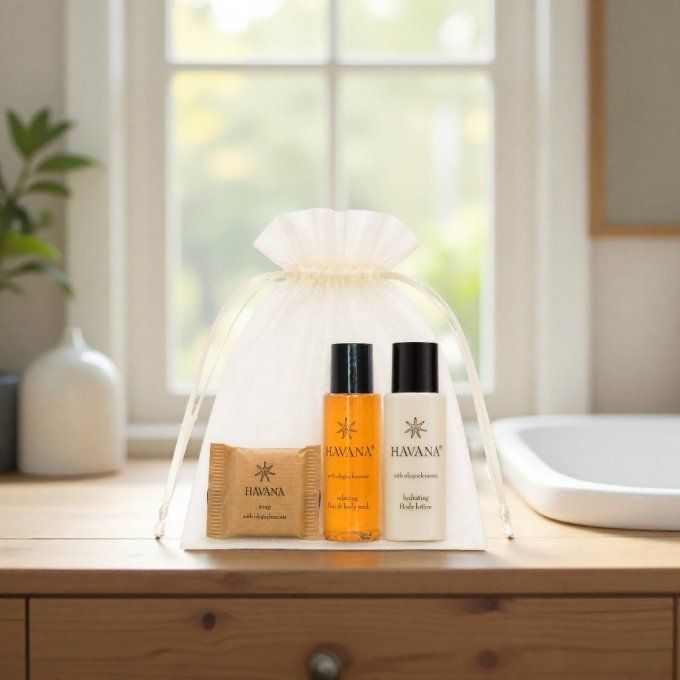 Havana savon 20g + gel douche 30ml + lait 30ml + sac organza
