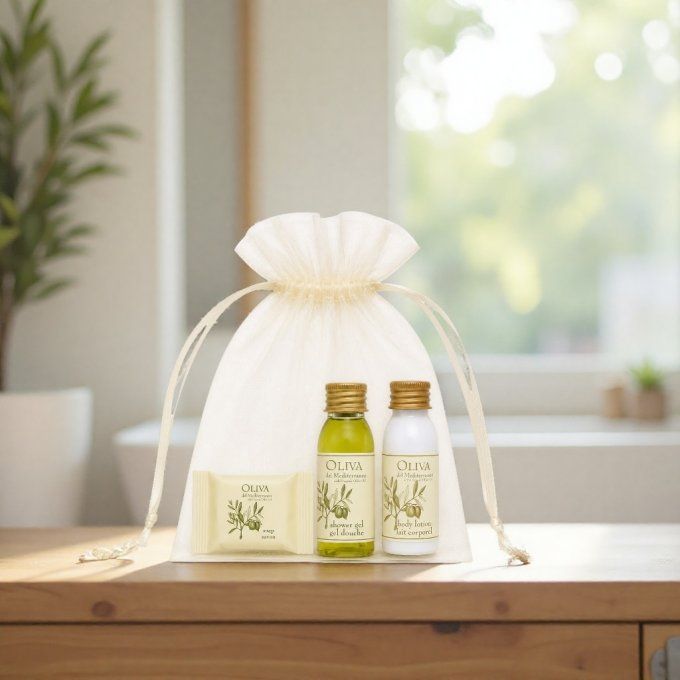 Oliva savon 15g + gel douche 30ml + lait 30ml - Sac en organza
