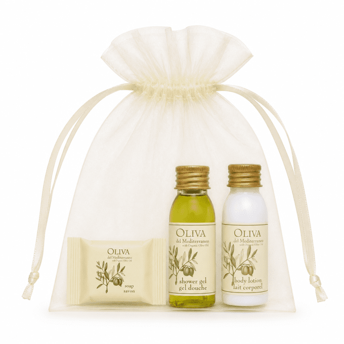 Oliva savon 15g + gel douche 30ml + lait 30ml - Sac en organza