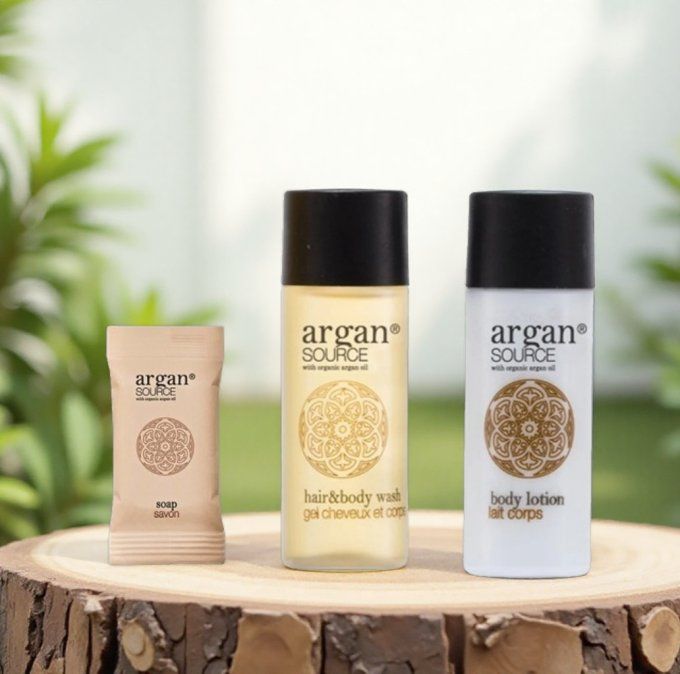 Argan savon 15g + gel douche 30ml + lait 30ml - Sac en organza
