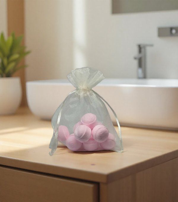9 mini billes rose en sachet organza