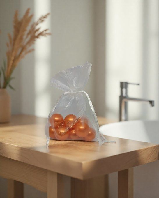 9 perles de bain ronde parfum monoï dans un sachet organza