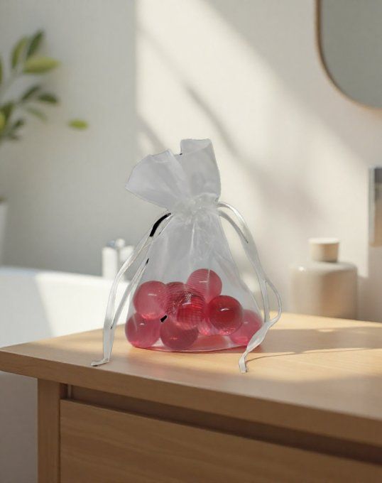 9 perles de bain ronde parfum passion dans un sachet organza