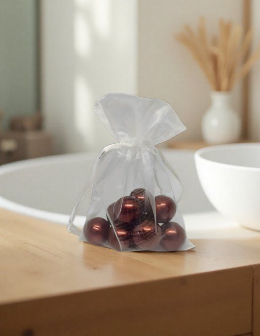 9 perles de bain ronde parfum vanille des îles dans un sachet organza