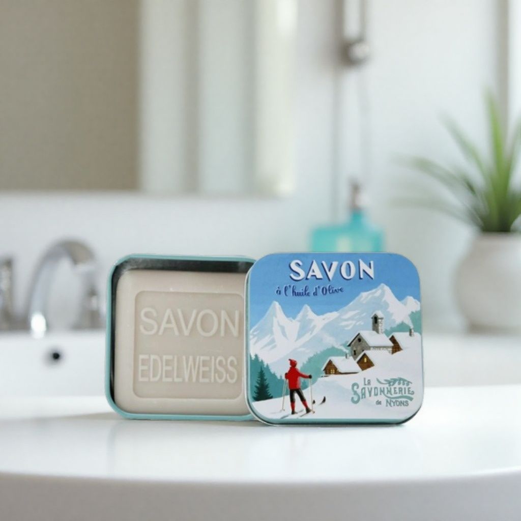 Savon 100g boîte métal Chalet enneigé
