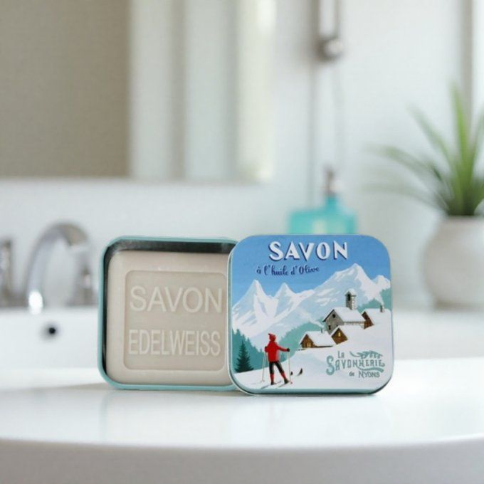 Savon 100g boîte métal Chalet enneigé