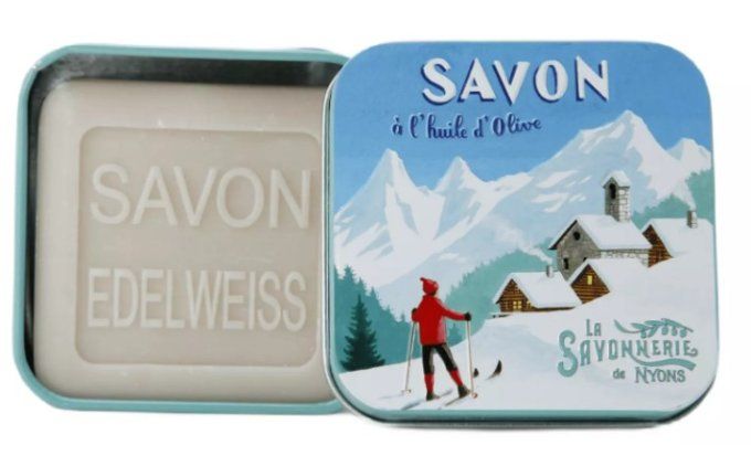 Savon 100g boîte métal Chalet enneigé